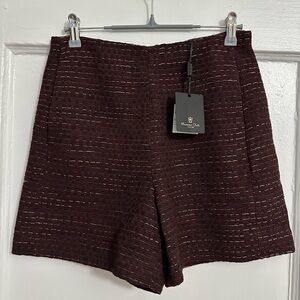 Massimo Dutti Tweed High Waist Maroon Shorts